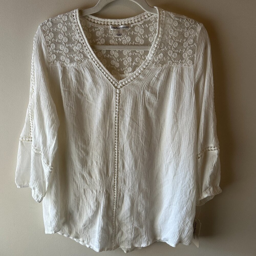 JohnPaulRichard Raelinn White Crochet Lace Boho Peasant Blouse V-Neck | Size L